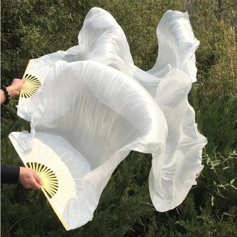 100% prawdziwy wachlarz jedwabny welony do tańca brzucha bambusowe żebra składany długi na jedwabnym sznurku wachlarz jedwabny 1.8m/2.1m chiński Hand Made barwione Fan Gradient