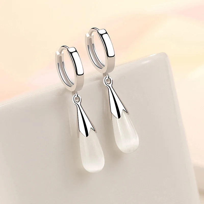 HuiSept Fashion 925 Silver Earrings Jewelry Water Drop Pink Cat Eye Stone Long Style Ornaments Earrings for Female Wedding Party