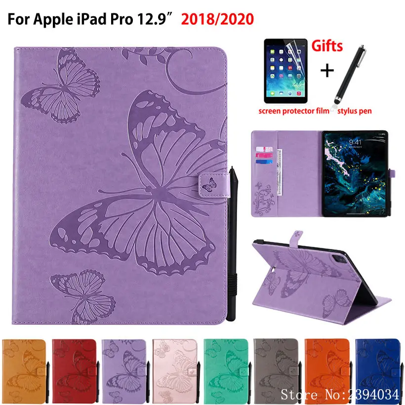 

Чехол для iPad Pro 12,9 2020 4th, Чехол для iPad Pro 12,9 2018 3th, чехол с бабочкой и тисненым рисунком, чехол-подставка, чехол + подарок