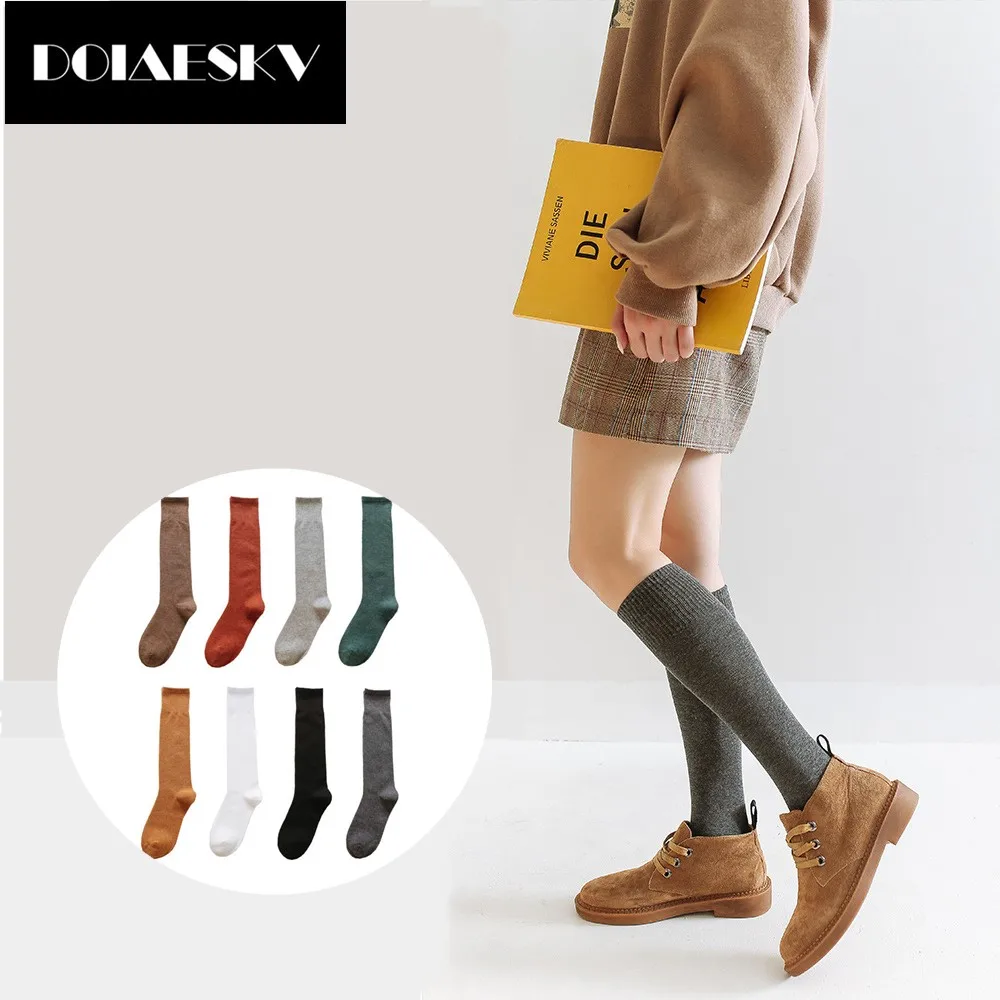 

DOIAESKV Women Cotton Spring Autumn Winter Long Socks Harajuku Female Casual Trick Warm Sock Ladies Solid Color Sox Student Sock