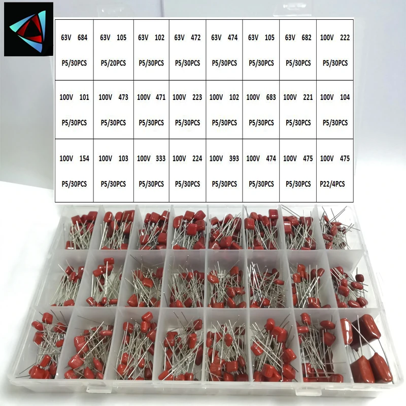 684 sztuk/partia 63 V-100 V 24 wartość 0,001 UF ~ 2,2 UF CBB zestaw asortymentowy kondensatorów z folii metalowej