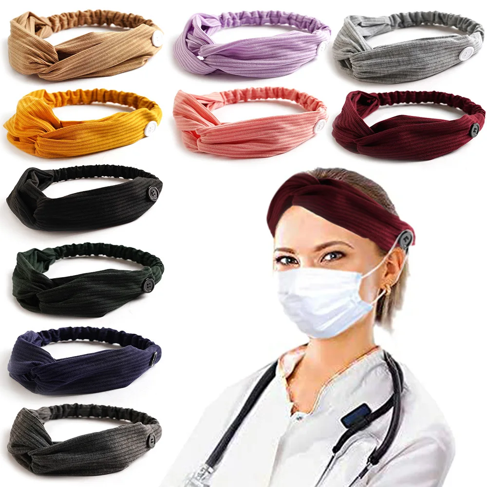 Fashion Women Hair Accessories Masks Anti-leather Button Hair Band Sports Yoga Elastic Cross Solid Color Knitted Headband Fema