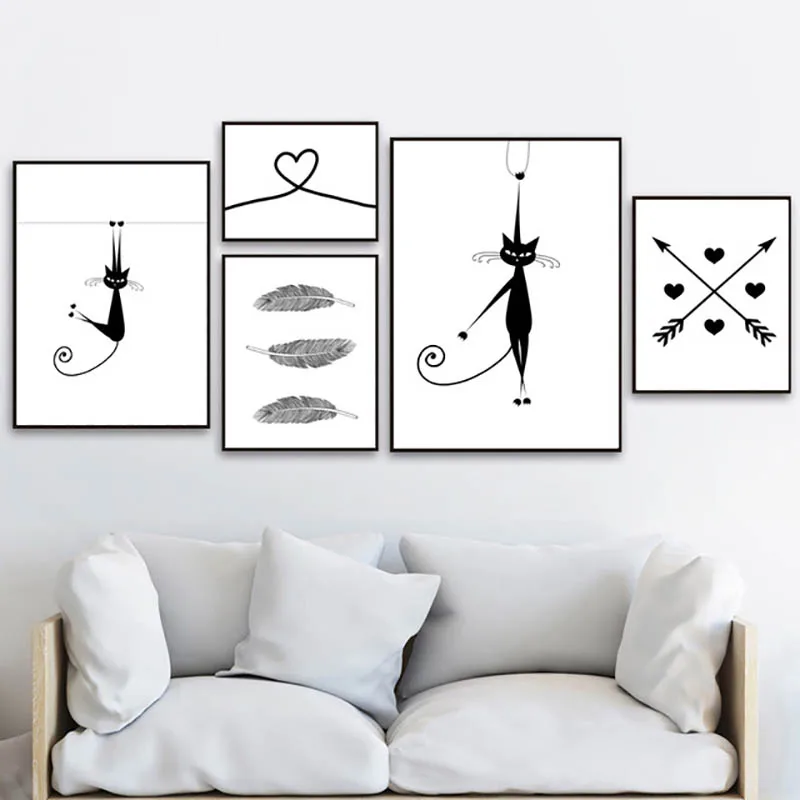 Cat Feather Arrow Heart Black White Nordic Poster Hot Sale Modular Prints Pictures Home Decor Paintings Office Canvas Wall Art