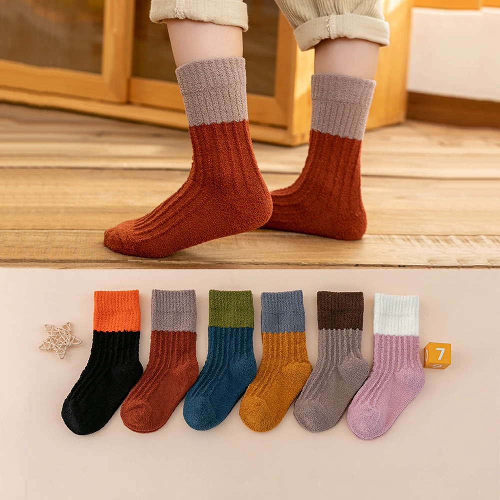 

Kids Socks Baby Thick Winter Socks Coral Fleece Children Soft Socks Warm Patchowork Floor Socks Boys Girls Striped Socks