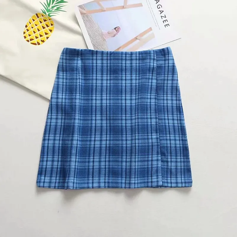 Blue plaid women elegant mini skirts 2020 summer fashion ladies vintage skirt party female split skirt girls chic streetwear