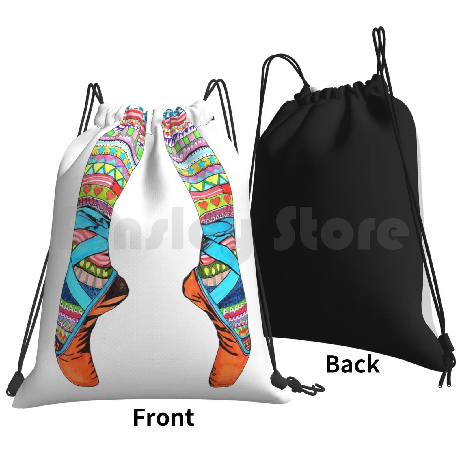 Happy Ballet Backpack Drawstring Bags Gym Bag Waterproof Hand Drawn Colourful Ballet Shoes Legs Stockings Stripes Doodle