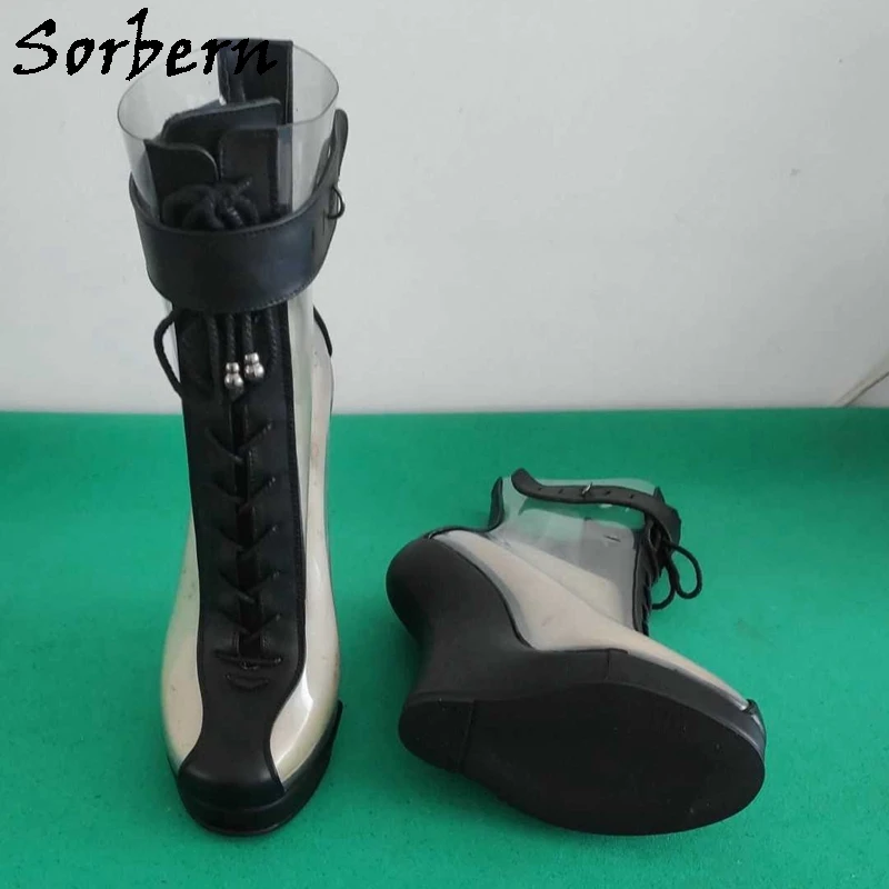 Sorbern stivali in pelle di mucca opaca nera donna stivaletti alti con lacci scarpe con plateau senza tacco punta tonda scarpe Fetish stivaletti