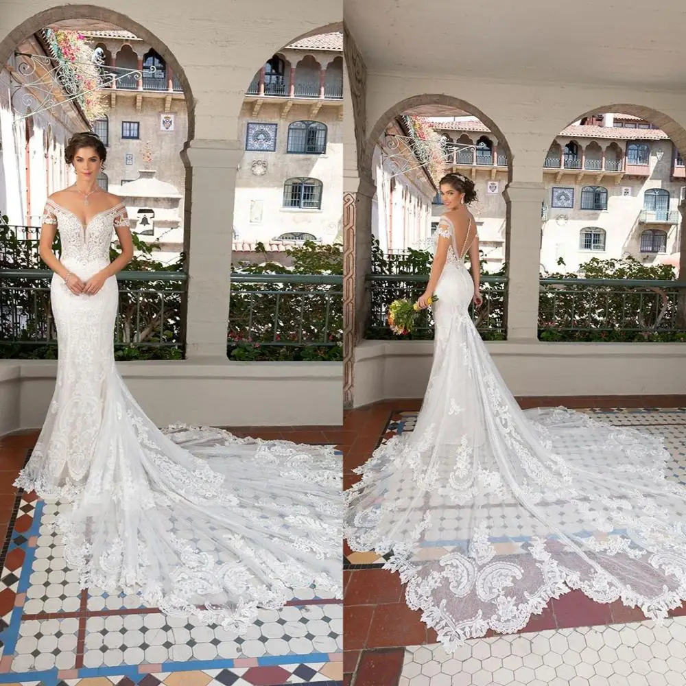 2021 Baru Pernikahan Gaun Renda Appliques Mermaid Bridal Gaun Capped Lengan Tombol Kembali Pernikahan Gaun Vestidos De Novia