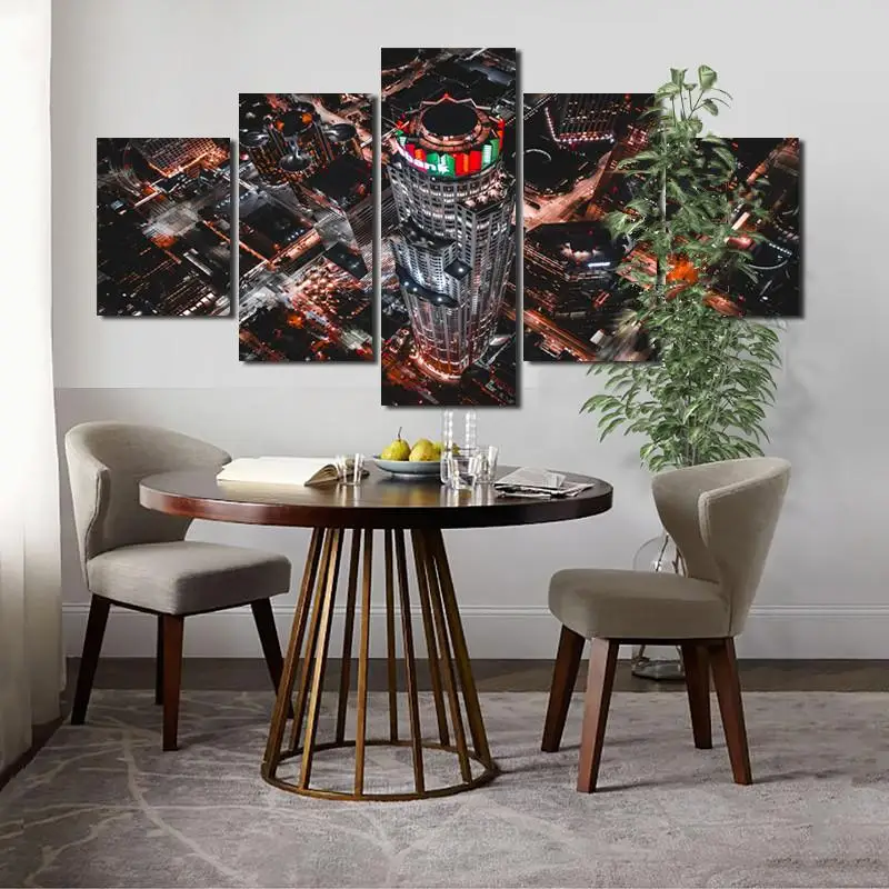 5pcs Overlooking Of City Skyscrapers Canvas Painting Printed Poster City Cityscape Painting Frameless Home Decoration