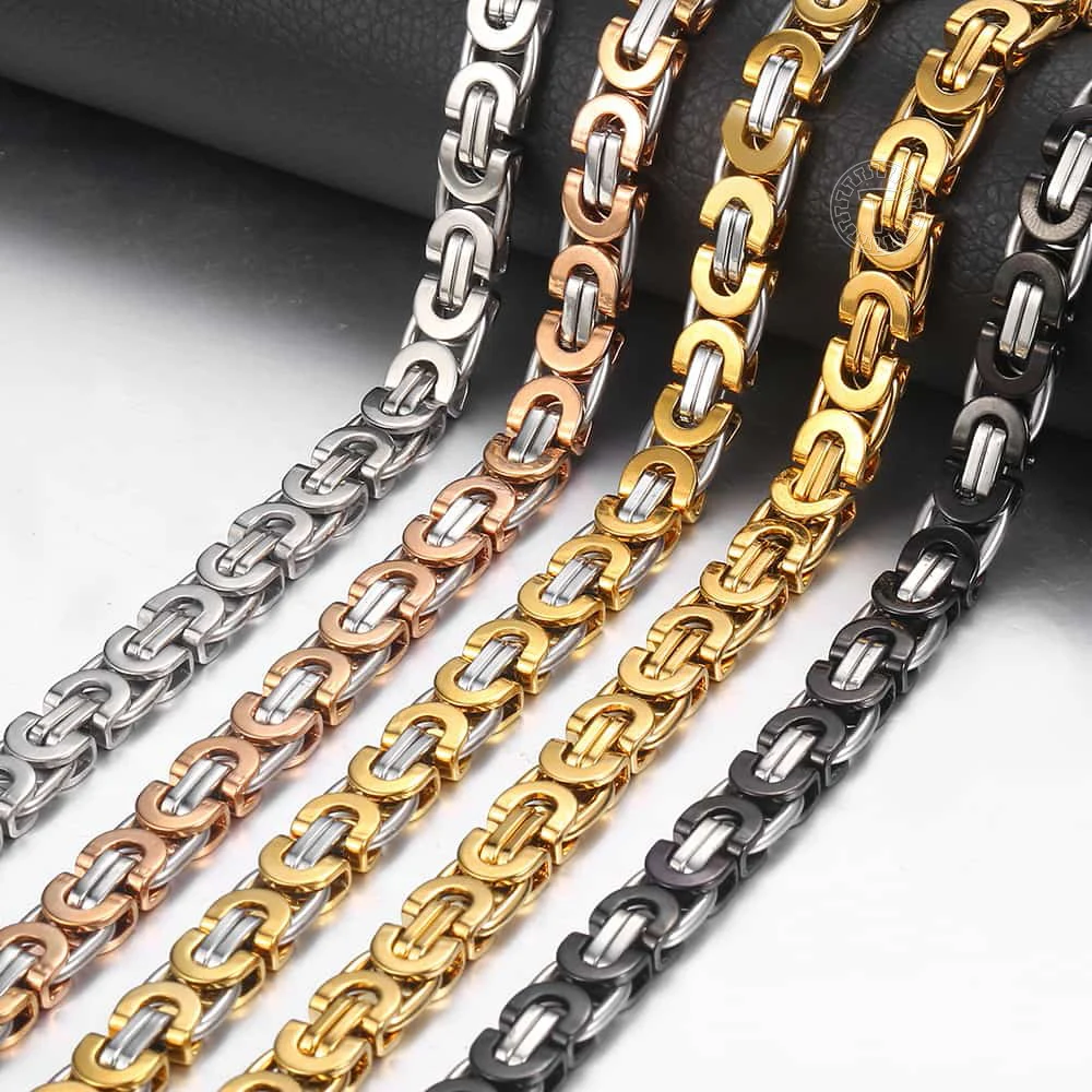 Davieslee Necklace for Men Flat Byzantine Link Black Gold Silver Color Chain Stainless Steel Vintage Jewelry 6/8/11mm LKNM22