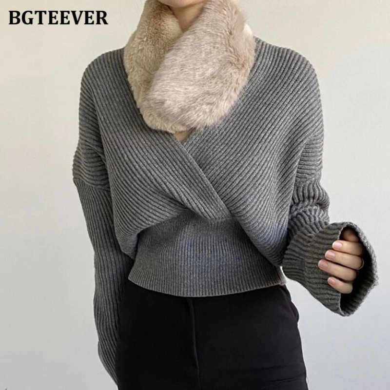 BGTEEVER Stylish V-neck Cross-Criss Women Knitted Pullovers 2020 Elegant Loose Warm Sweater Female Full Sleeve Knitting Tops