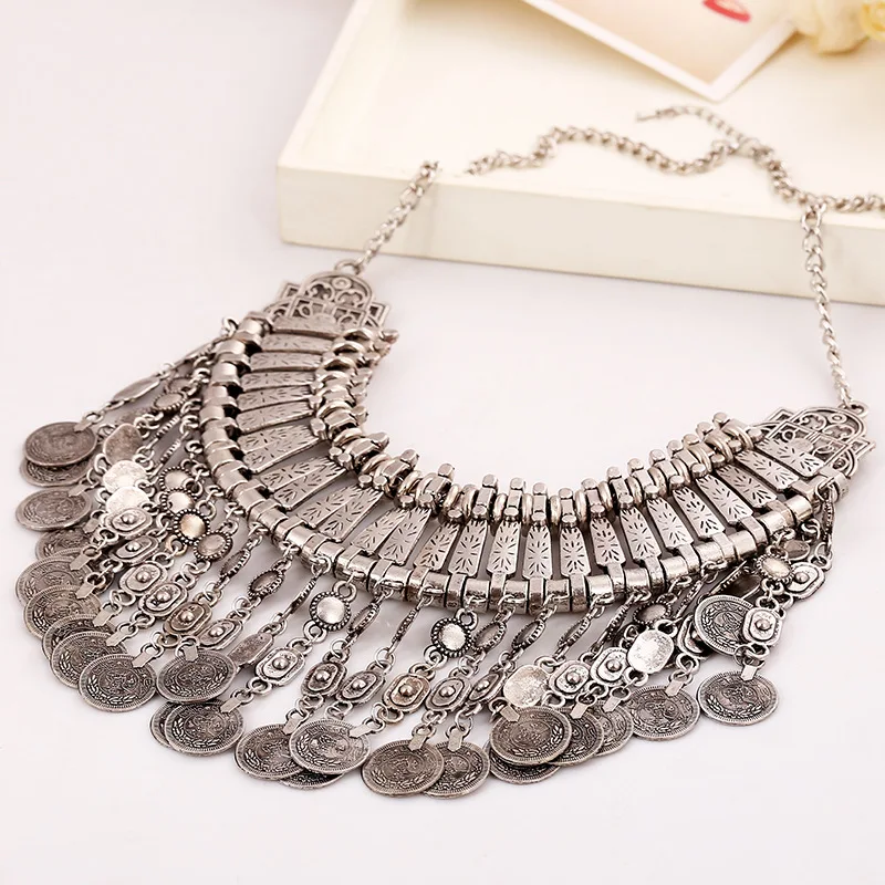 Boho Antique Coin Maxi Choker Women African Statement Long Tassel Vintage Big Necklaces Pendants Jewelry Gypsy Necklace