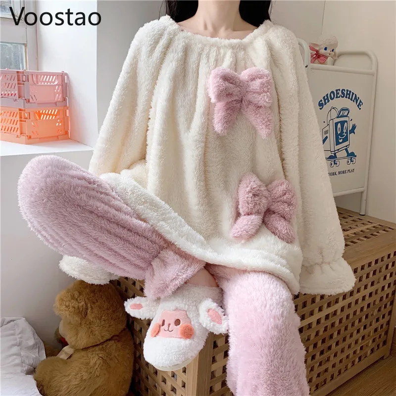 

Autumn Winter Women Sweet Lolita Coral Fleece Pajamas Sets Cute Bow Warm Homewear Sleepwear Girls Kawaii Lounge Pyjamas 2PC Set