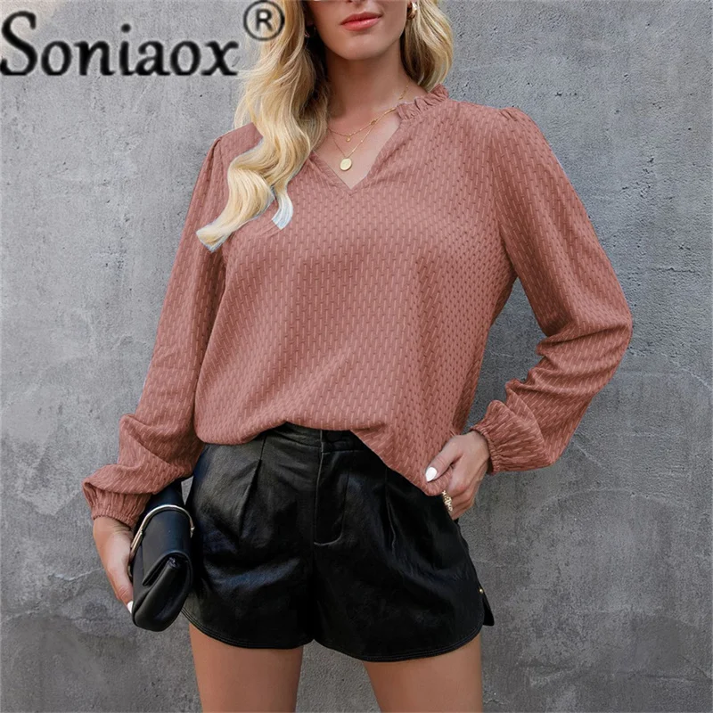 Women's Shirt Solid Long-Sleeve Blouse 2021 Autumn New Slim Sexy V-Neck Elastic Puff Sleeve Ladies T Shirt Ruffle Neck T-Shirts
