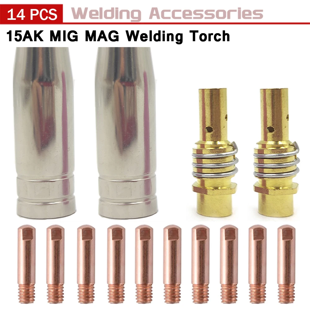 Tocha de Soldagem Bico Mb15ak Arco de Argônio Soldagem 0.6 0.8 0.9 1.0 1.2 mm Bico Contato Ponta para 15ak Mig Mag Soldador 14 Peças