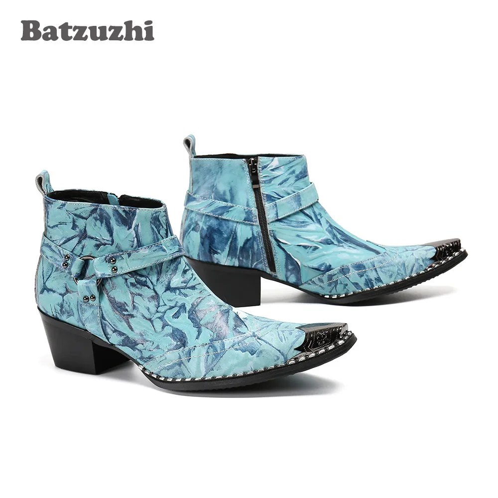 

Batzuzhi Botas Hombre Italy Type Handmade Men's Boots Pointed Iron Toe Leather Ankle Boots Punk Ankle Boots Men Party 6.5cm Heel