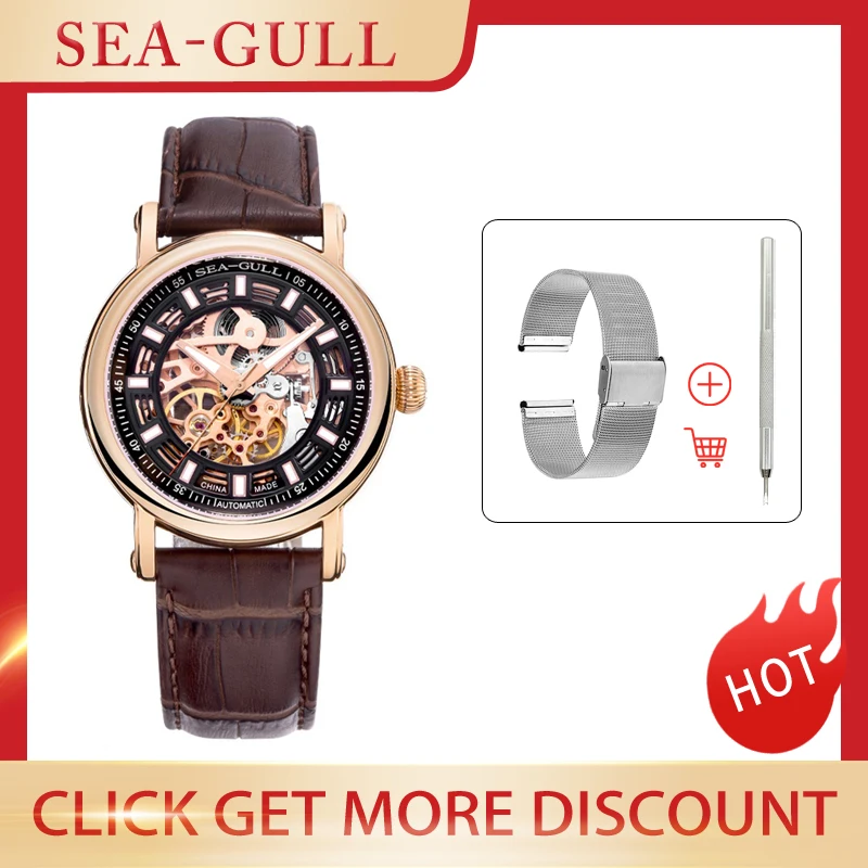 

Genuine Seagull men watch 819.338K 3 Hands Skeleton Unisex Automatic Watch Black Genuine Leather