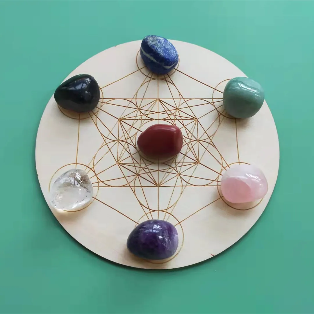 2 Sets Sacred Geometry Grid Meditation Natural Healing Reiki Chakra Crystal Mini Crystal Grid Set with Wood Board