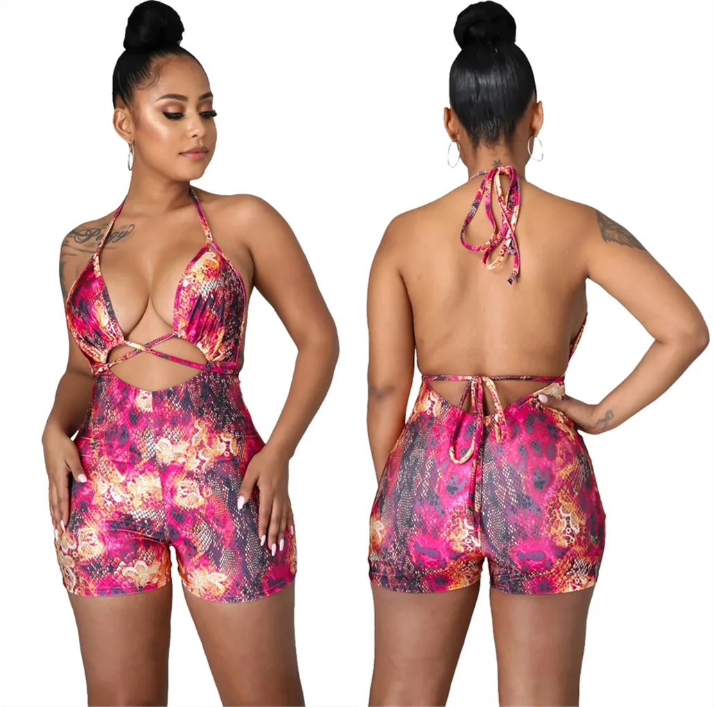 

BKLD Summer Clothes New Slim Spaghetti Strap Lace-Up Hollow Out Backless Playsuit Fashion Print Rompers Womens Jumpsuit