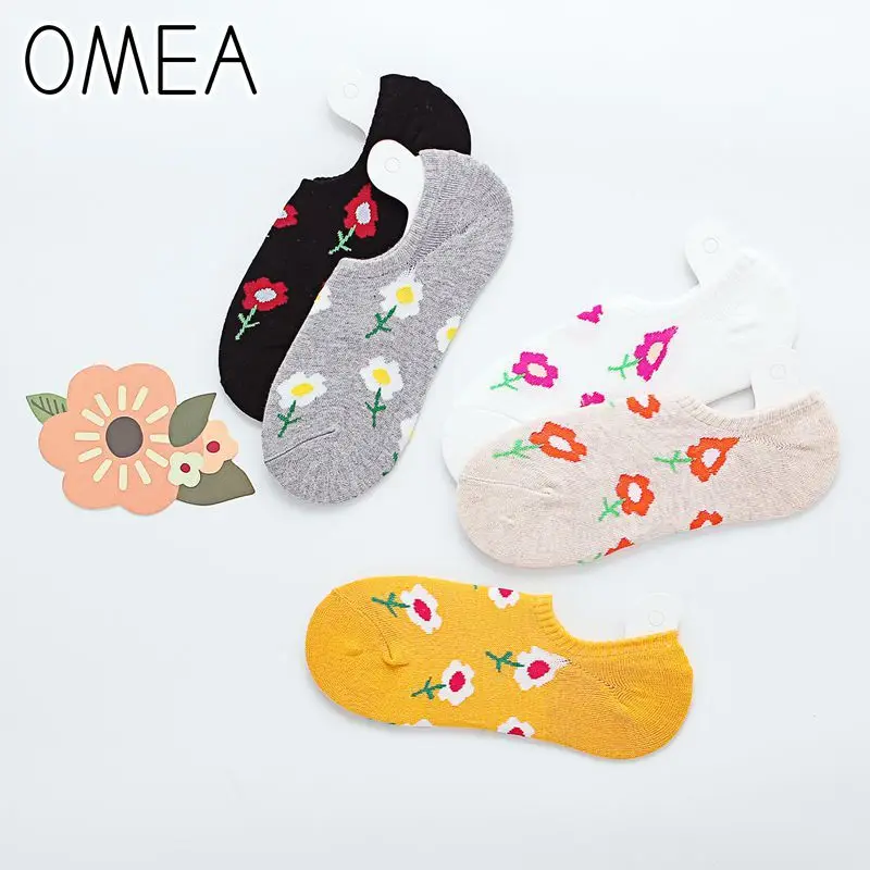 OMEA Summer Socks Women Sock Slippers 5 Pairs No Show Socks Non-slip Low Cut Socks Female Boat Socks Invisible Sox Flower Kawai