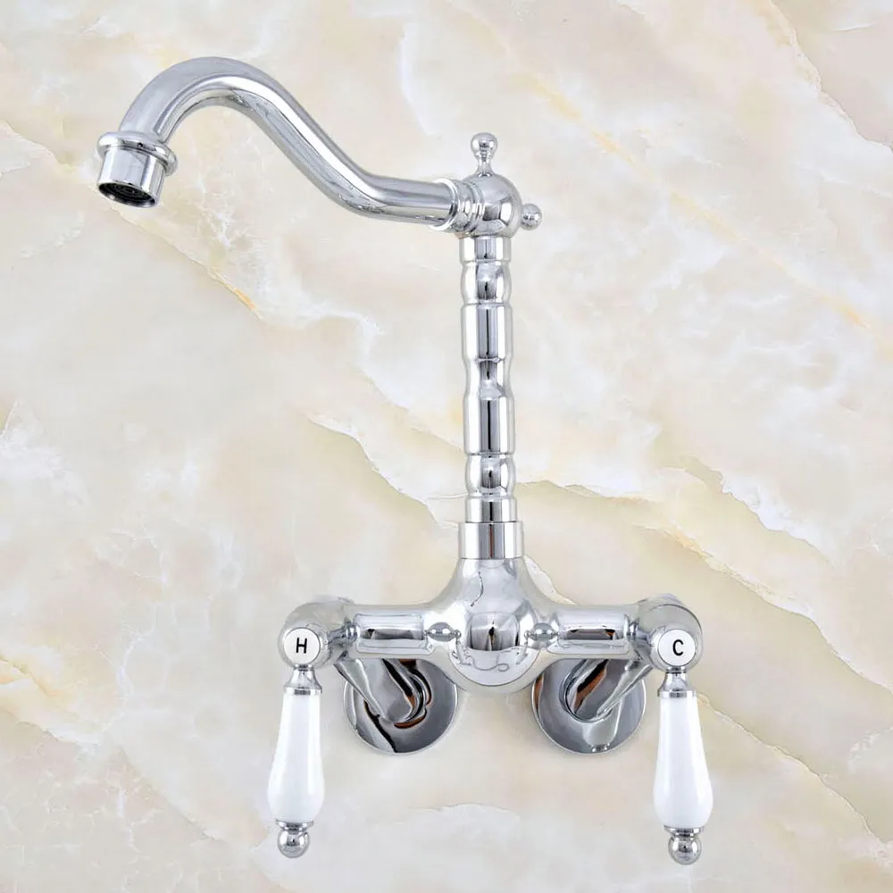 Prata Latão Cromado Fixado Na Parede Dupla Alças Banheiro Kitchen Sink Faucet Tap Mixer Bica Giratória-Ajusta A Partir De 3- 3/8 "aqg205