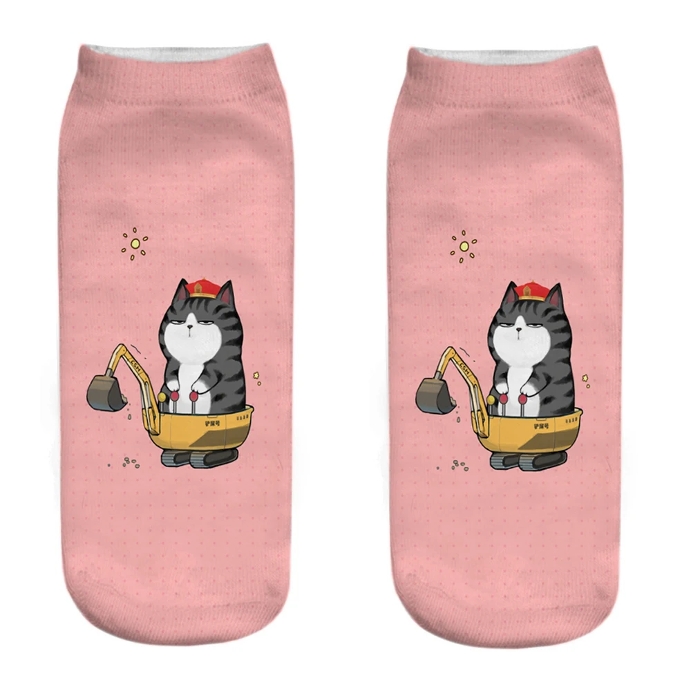 New Hot 3D Printing Colorful Cute Happy Cat Daily Life Series Sleeping Reading Driving Playing Kitten Short Ankle Socks