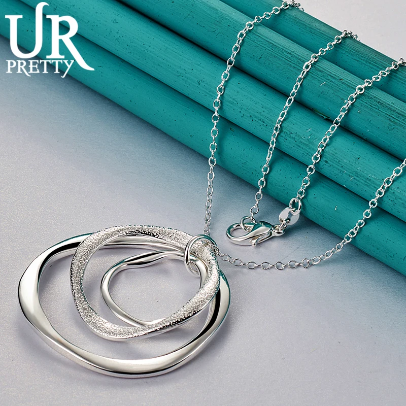 URPRETTY 925 Sterling Silver Circle Pendant Necklace 16/18/20/22/24/26/28/30 Inch Snake Chain For Woman Party Wedding Jewelry