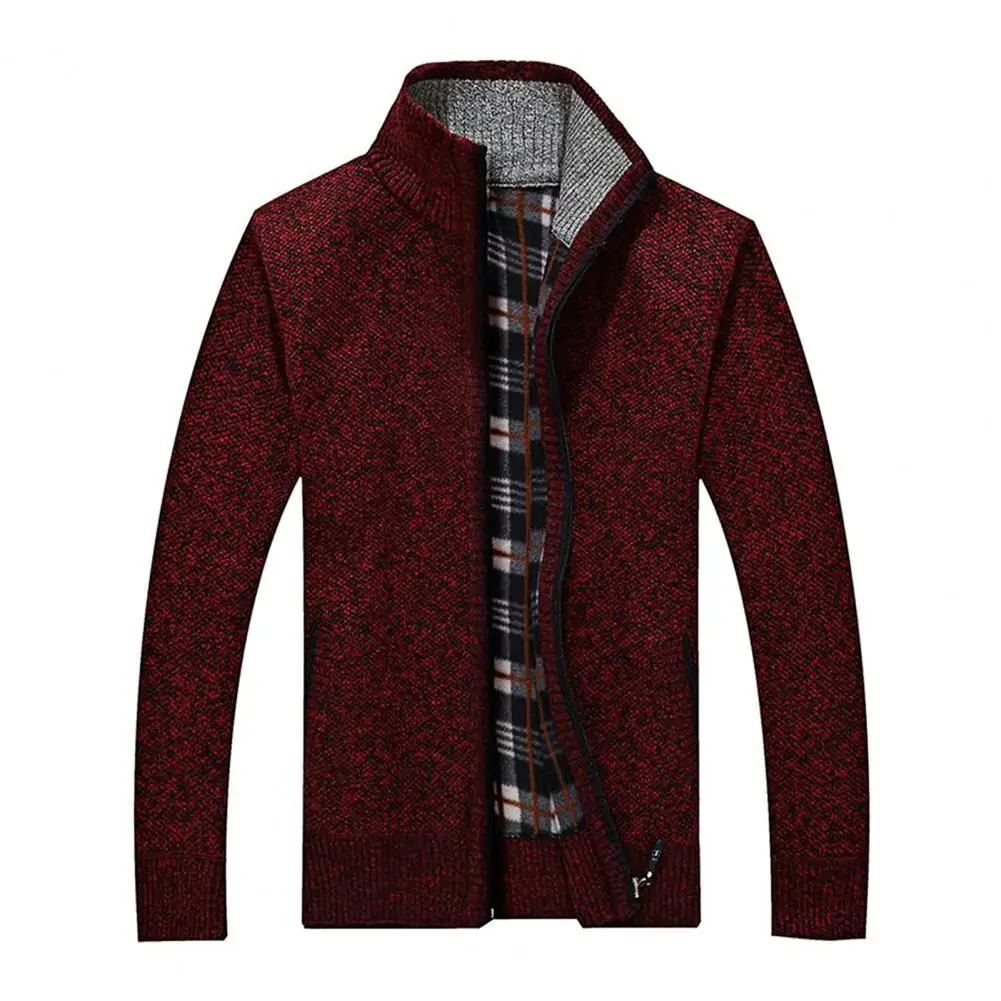 Homens Casaco Cor Sólida Zipper Outono Inverno Solto Stand Collar Plush Cardigan Sweater para Escritório