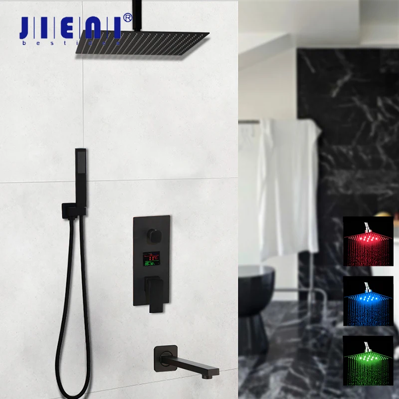 

JIENI Matte Black 8 10 12 Inch Bathroom Shower Set Thermostatic Temperature Display Rainfall 3 Ways Black Digital Shower Faucet