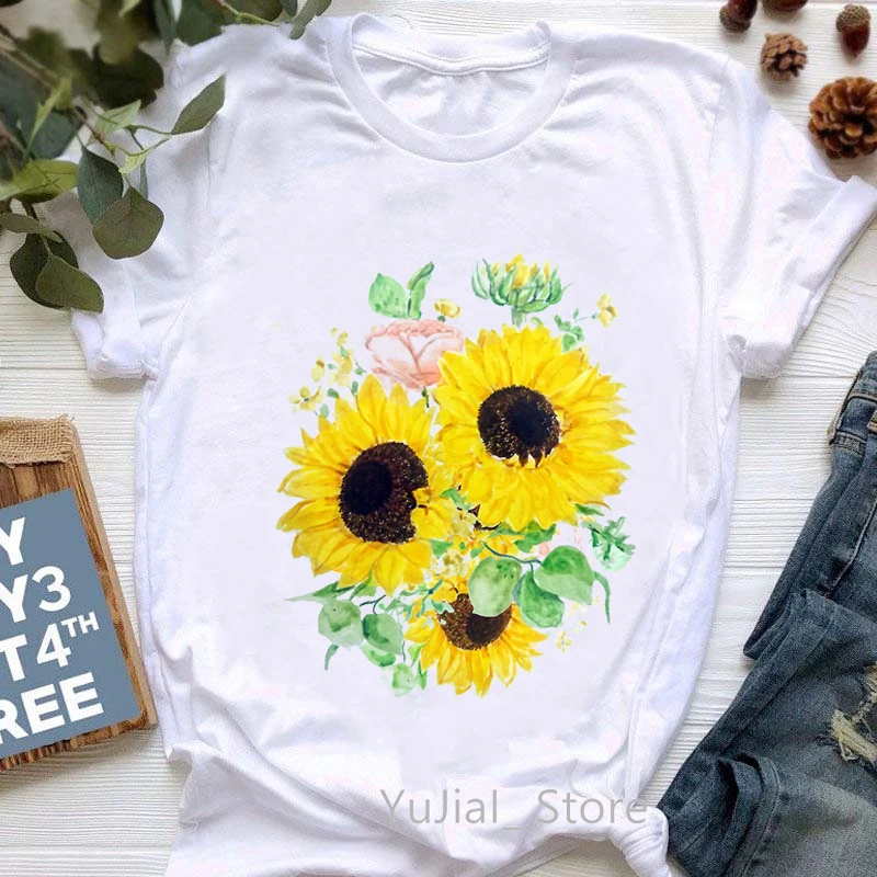 

Watercolor Sunflower Flowers Print Tshirts Women Funny T Shirt Femme Summer Fashion Short Sleeve T-Shirt Female Streetwear