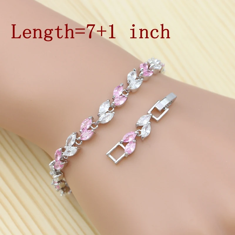 Flower Jewelry Sets For Bride Pink Cubic Zirconia White Crystal 925 Silver Ring Bracelet Necklace Pendant Earrings Sets