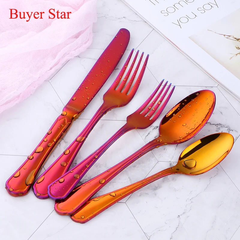 Drop shipping  Stainless Steel Cutlery Set Colorful tableware metal steak knife salad fork soup coffee spoon for kitchen hotel