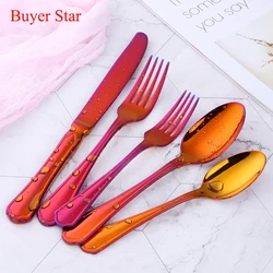 Drop shipping Stainless Steel Cutlery Set Colorful tableware metal steak knife salad fork soup coffee spoon for kitchen hotel