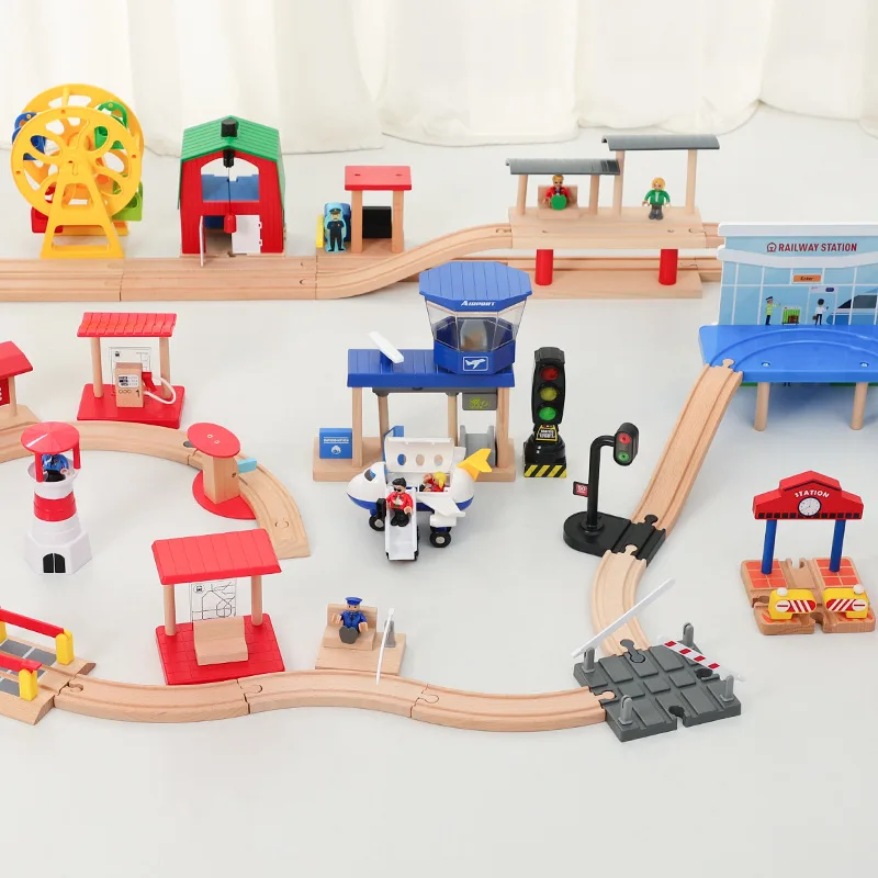 Wooden Train Track Extension Accessories Railway Toy Scene Accessories Gas Station Scene For Brand Track Toys for Boys and Girls