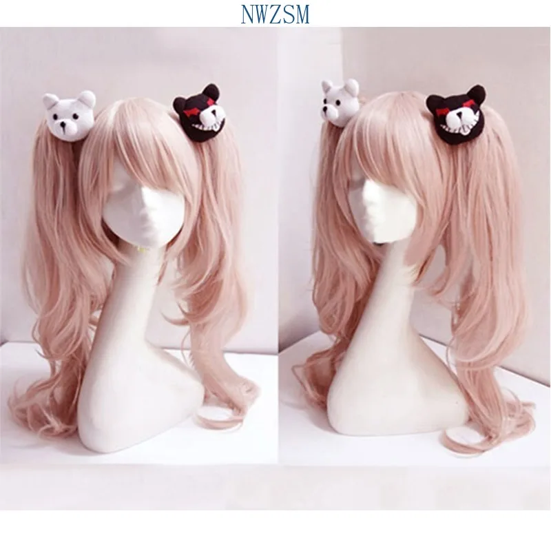 Dangan Ronpa Danganronpa Enoshima Junko Cosplay Wig Pink Long Wavy With Ponytail Clip Heat Resistant Cosplay Wig + Bear Hairpins