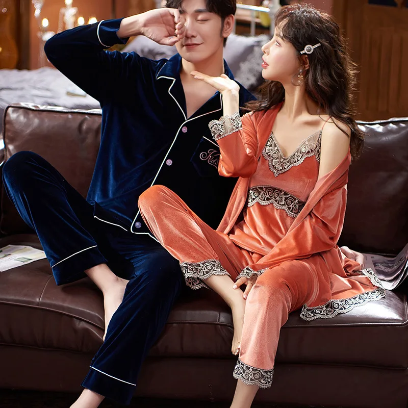 Velour Couple Pajamas Set Autumn Winter Women Sleepwear Pijamas Suit Sexy Patchwork Lace Bathrobe Lingerie Casual Home Clothes