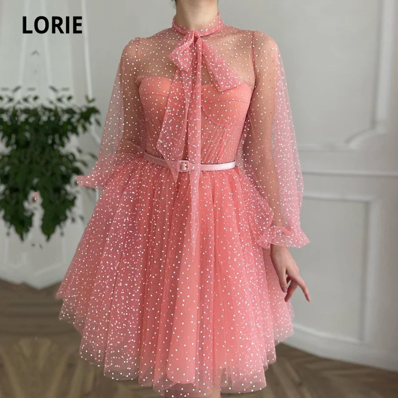 

LORIE Glitter Hot Pink Prom Dresses Shiny Tulle Mini Short Puff Sleeve Above Knee Girl Party Celebrity Dress for Graduation 2021