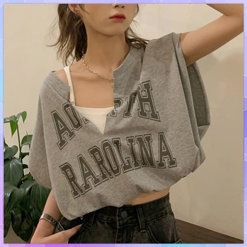 

Летние топы, футболка, женская футболка с буквенным принтом, футболка без рукавов, женские футболки, Свободный Тонкий Топ из двух частей, Женский кроп-топ