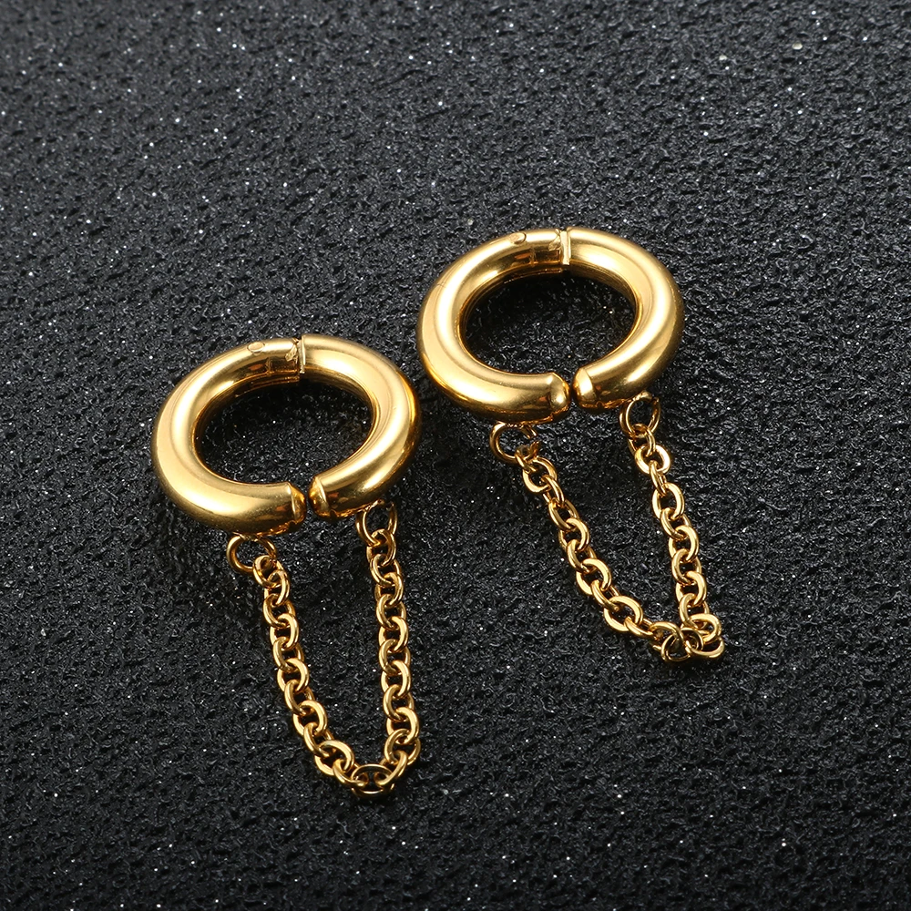 2PC /Set Stainless Steel Small Hoop Earrings for Women Golden Circle Thick Ear Ring Piercing Tassel With Chain Earrings Jewelry