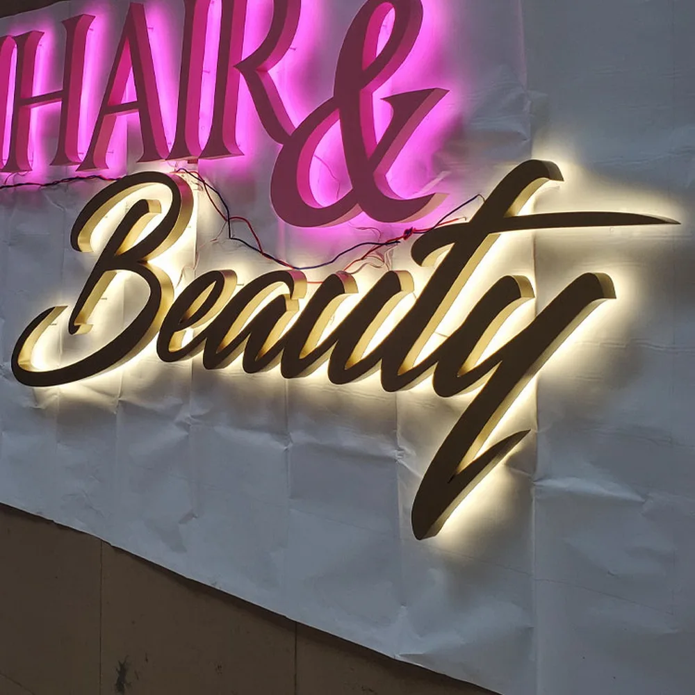 Colorful lights salon shopfront stainless steel alphabet metal led signs letters surface paint coated