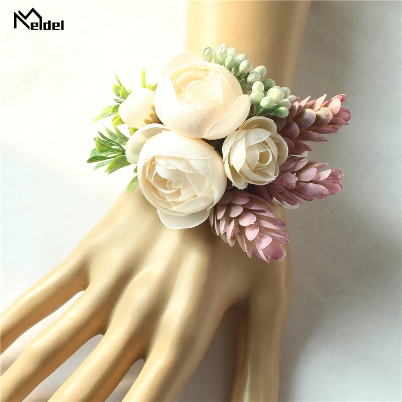 Meldel rosa bud pulso corsage mão flor homem boutonniere chá artificial rosa seda pulseira de pulso dama de honra casamento baile de formatura broche