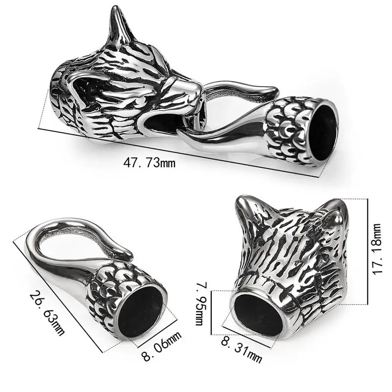 Men Stainless Steel Snake Wolf Head Bracelet Clasps Hooks Hole 8mm 6mm Leather Cord End Caps Cord Connector for Jewelry Findings