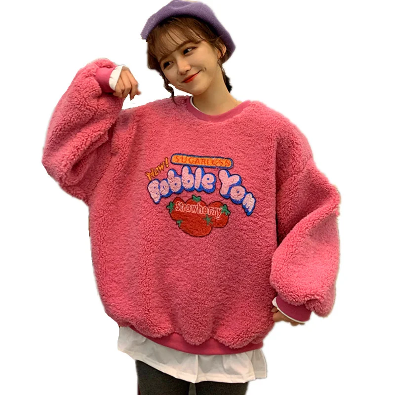 Women Fake 2 Pieces Warm Sweatshirt Fall Winter Long Sleeve Fleece Hoodie Strawberry Print Fuzzy Hoody Pullover Kawaii Top S-2XL