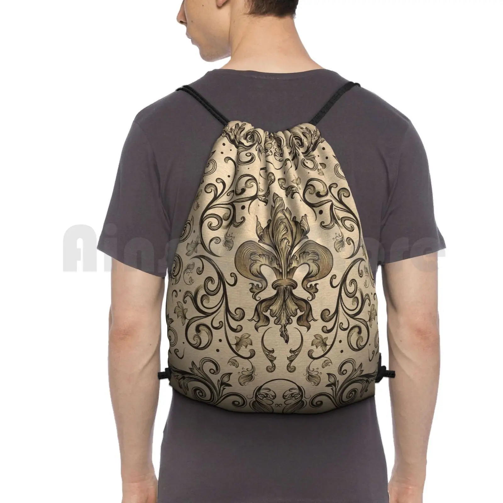 Vintage Fleur-De-Lis Ornament Backpack Drawstring Bag Riding Climbing Gym Bag Fleur De Lis Fleur De Lys Lily Lily Petals