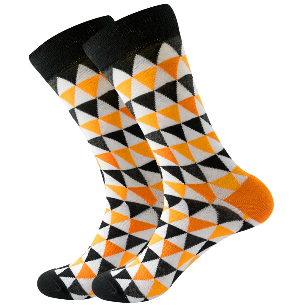 Novelty Men\'s Funny Happy Socks Fine Paragraph Diamond Pattern Argyle Three-dimensional Tube Geometric Funny Long Socks