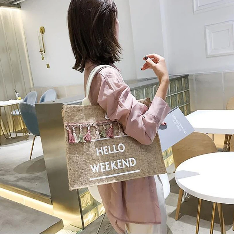 Canvas Handbag Women Large Capacity Tassel Shoulder Bag Simple letter Top-handle Bag Linen Lady Tote Shopping Weekend Bag Bolso