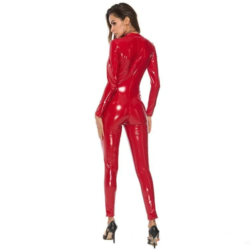 #0123 Faux Leather Jumpsuit Women Long Sleeve Sexy Black Red Pink Open Crotch PU Leather Jumpsuit With Zipper Pole Dance Rompers