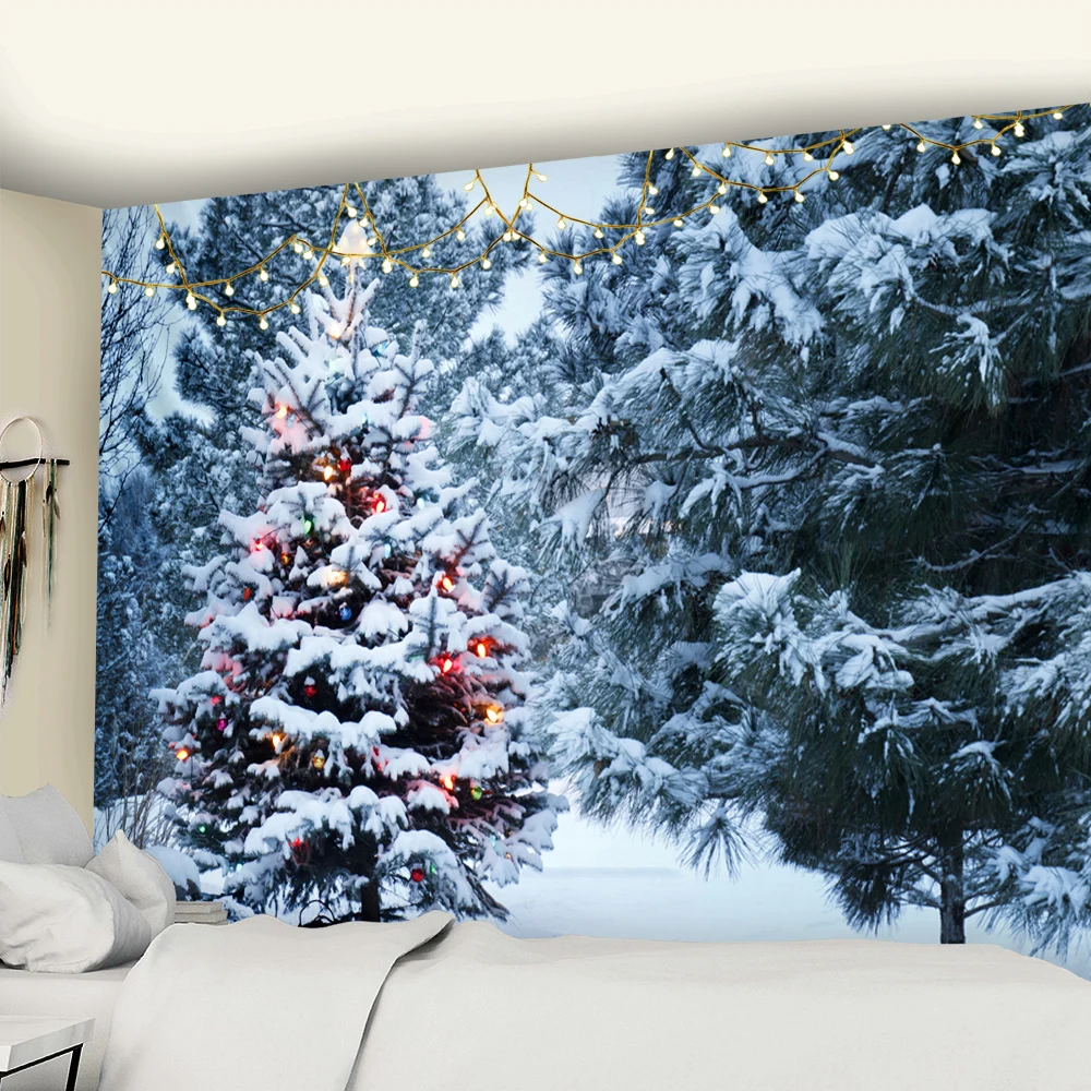 Christmas snowscape home decoration tapestry forest cottage Bohemian decoration Hippie Christmas tree large size tapestry