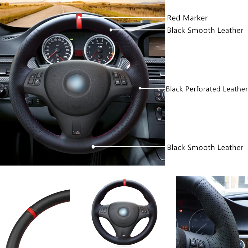 Black PU Artificial Leather Red Marker Car Steering Wheel Cover for BMW M Sport M3 E90 E91 E92 E93 E87 E81 E82 E88 X1 E84