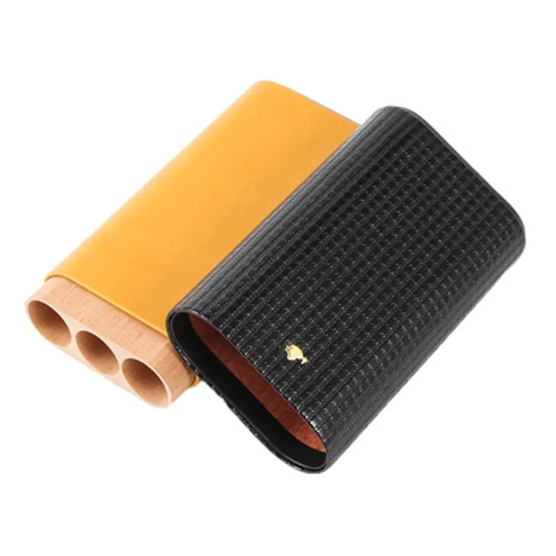 NEW COHIBA Black Leather Cigar Case Cedar Wood Tube Holder Portable Travel Cigar Humidor Box Holds 3 Cigars WIth Gift box